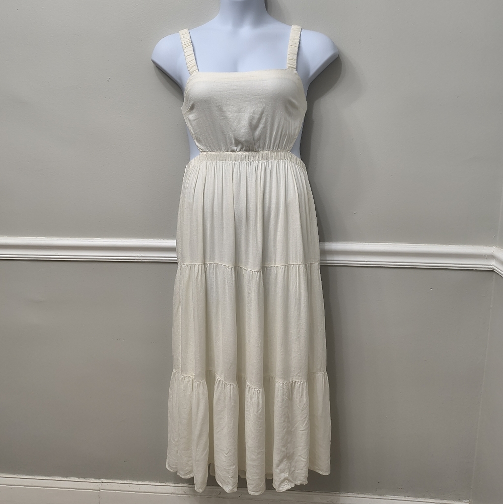 Abercrombie & Fitch Linen Blend Cut-Out Maxi Dress Tiered White/Off White Medium